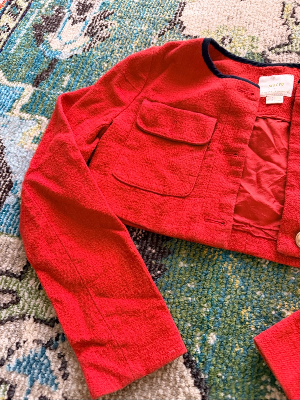 Anthropologie Maeve Red Cropped Tweed Jacket with Contrast Trim - Picture 5 of 10
